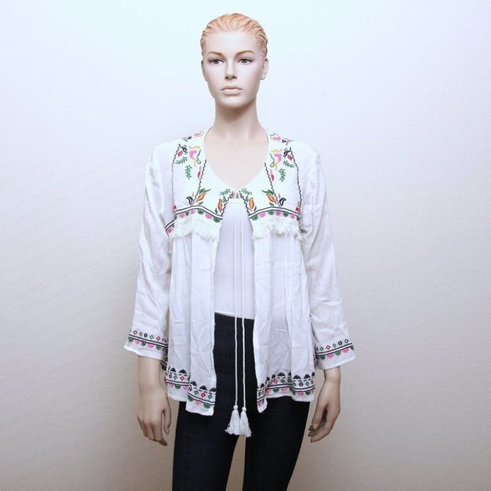 Velzera Embroidered Tassel Tie Open Front Boho Cover Up White Women M